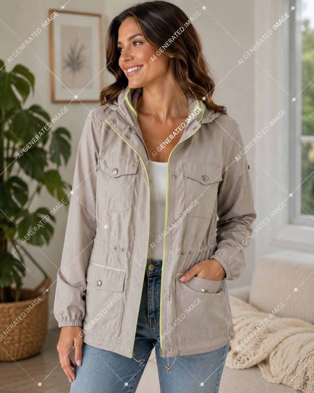 Vince Camuto Utility Jacket Women’s Small Taupe Hooded Lightweight Anorak Neo